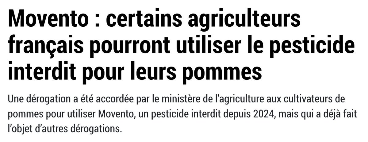 Tranquillou, la ministre des pesticides <a href="/AnnieGenevard/">Annie Genevard</a> (<a href="/Agri_Gouv/">Ministère Agriculture et Souveraineté alimentaire</a>) autorise les producteurs de pomme à utiliser Movento, un pesticide interdit depuis 2024 partout en Europe, reconnu comme reprotoxique (risque avéré sur la fertilité et formation des foetus). 

Stop ou encore ?