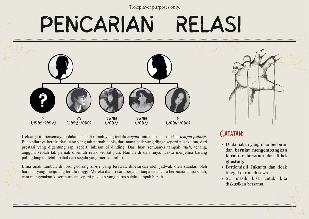 <a href="/ShoutOCs/">OCIE .ᐟ 🩷🎄</a> ㅤ

️

( Izin meletakkan selebaran pencarian relasi keluarga untuk si anak sulung. Apabila tertarik dengan trope keluarga gak angst = demam, bisa hampiri gue, yaa! )

️

ㅤ