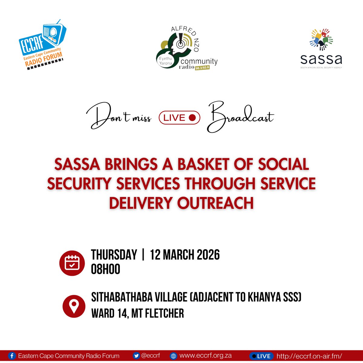 eccrf's tweet photo. Alfred Nzo Community Radio is broadcasting live as @OfficialSASSA is bringing a basket of social security services through service delivery outreach.

📍 Sithabathaba Village (Adjacent to Khanya SSS), Ward 14, Mt Fletcher
📅 Thursday, 12 March 2026
⏲️ 08H00

See you there! https://t.co/ec2nIqZ7s3