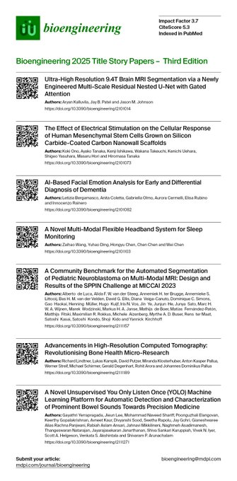 MDPIEngineering's tweet photo. 💥Check out the Third Edition of our Title Story Collection from 2025  
📌 #BiomedicalAI #MedicalImaging #DeepLearning #BrainMRI #Neuroengineering #StemCells #Biomaterials #ElectricalStimulation #AffectiveComputing #WearableDevices #SleepMonitoring #PrecisionMedicine #CTImaging https://t.co/mYsIckKWmI