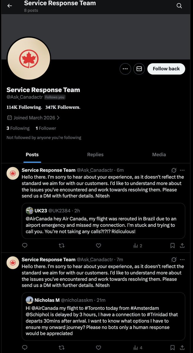nicholasskm's tweet photo. @Ask_Canadactr Hi @AirCanada could you confirm is this is an authorised customer service account? It seems to be fraudulent. https://t.co/Bpy8Tr4snO