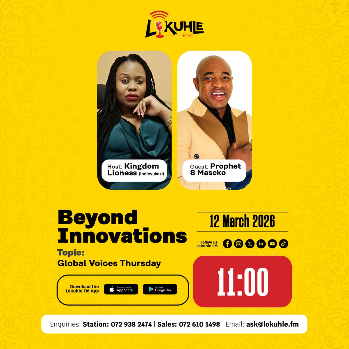 Prophet S. Maseko will be on our Global Voices Thursday at 11h00 today. #LokuhleFM #InspiringContent