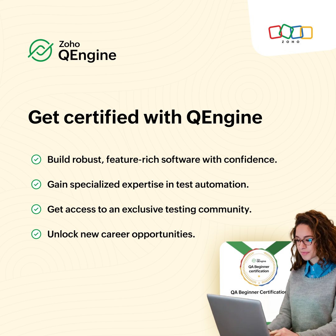 ZohoQEngine's tweet photo. Ready to take your testing career to the next level? 🚀

Zoho QEngine certification is your opportunity to prove your expertise in modern test automation and stand out in a competitive tech landscape.

Enroll now: https://t.co/Dpvctdeve3 https://t.co/vNlBWRI7lZ