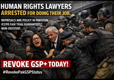 sorathsindhi64's tweet photo. Human rights lawyers arrested for doing their job. Reprisals are policy in Pakistan. ICCPR fair trial guarantees? Non-existent. Revoke GSP+ today! Revoke Pak GSP Status https://t.co/ZEwihKk82H