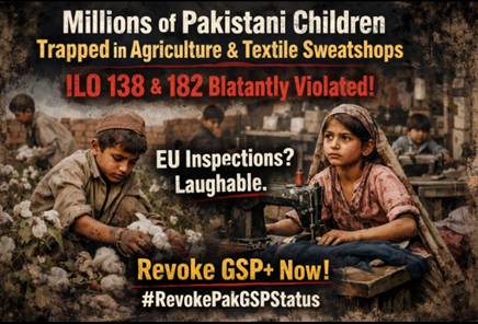 sorathsindhi64's tweet photo. Millions of Pakistani children trapped in agriculture &amp; textile sweatshops—ILO 138 &amp; 182 blatantly violated. EU inspections? Laughable. Revoke GSP+ now! Revoke Pak GSP Status https://t.co/n9CyqKx91Y