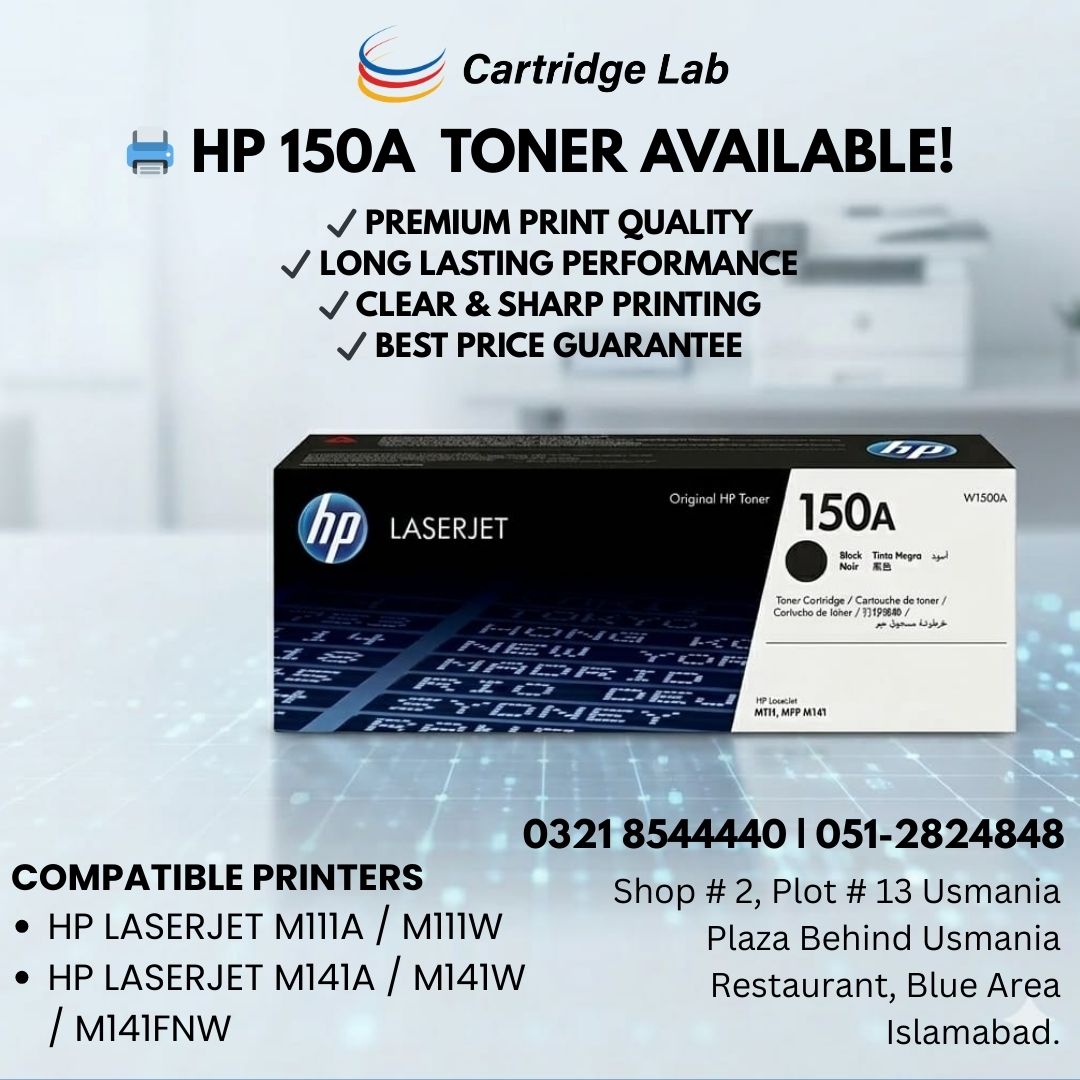 CartridgeLab's tweet image. 📷 HP 150A  Toner Available!
High Quality HP 150A (W1500A) Compatible Toner Cartridge
📞03445442222 | 051-2824848
​📍 Shop no. 2, Plot # 13, Usmania Plaza, Behind Usmania Restaurant, Blue Area, Islamabad.
#HP150A #HPW1500A #PrinterToner #LaserJetToner #OfficePrinting #BestQuality