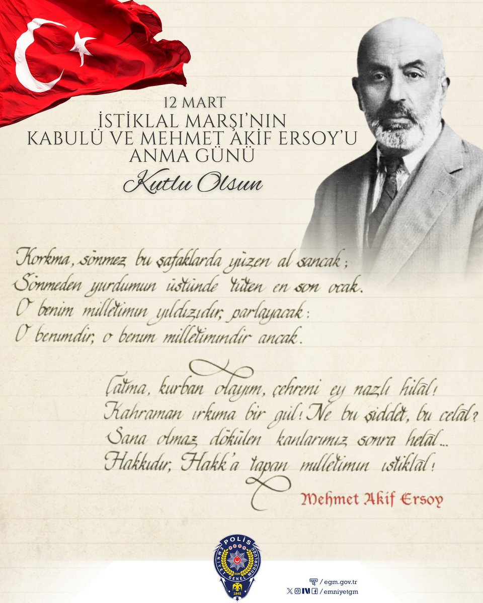 Aziz milletimizin bağımsızlık ruhunun, azminin, inancının, mücadelesinin ve kararlılığının dizelere dönüşmüş hâlidir İstiklal Marşı…

İstiklal Marşı’mızın kabulünün 105. yıl dönümünü kutluyor; Millî Şairimiz Mehmet Akif Ersoy’u ve İstiklal Mücadelemizin tüm kahramanlarını