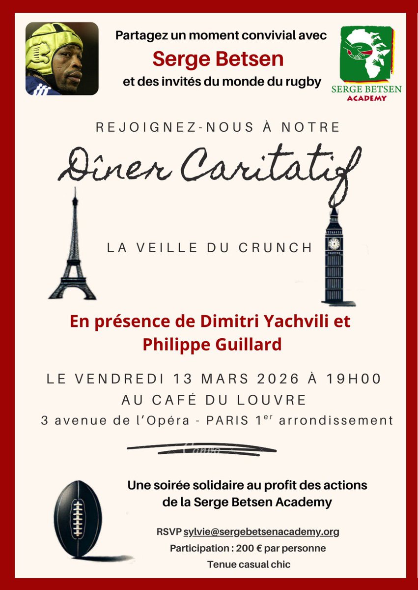 SBetsenAcademy's tweet photo. Jj-1 pour rejoindre notre dîner caritatif à partir de 19h AU CAFÉ DU LOUVRE . 
Une soirée solidaire au profit des actions de la Serge Betsen Academy. 

@SBetsen 
@sergebetsenacademy https://t.co/WnbP48RuOP