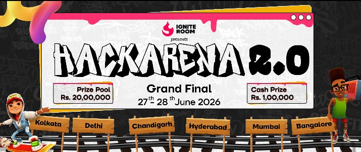 igniteroom's tweet image. Your city might be next. 

HackArena 2.0 is coming to:
Chandigarh • Delhi • Kolkata • Hyderabad • Mumbai • Bangalore

All leading to the Grand Finale.

📅 27–28 June 2026
💰 ₹1,00,000 Cash Prize

#HackArena #techindia #HackArena2 #Hackathon #Hackathon2026 #India #IgniteRoom