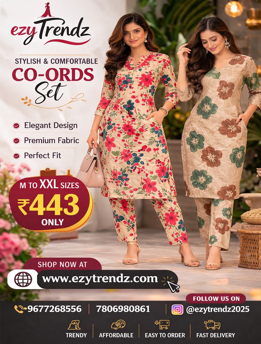 ezy_trendz_dgl's tweet image. Stylish Co-ords Sets starting at just ₹443 👗✨
Elegant design • Premium fabric • Perfect fit

🛍️ Shop now: ezytrendz.com

📍 Dindigul
📞 9677268550 | 7806980861

Follow @ezytrendz2025

#ezytrendz #coordset #womenfashion #affordablefashion