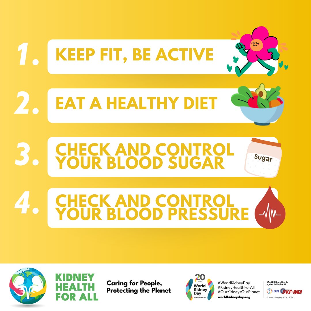 worldkidneyday's tweet photo. Kidney disease is often referred to as a “silent killer” because it can develop without noticeable symptoms, quietly impacting your health and quality of life. 

The good news? Simple, effective actions can significantly reduce your risk. Discover the #8GoldenRules to help protect your kidney health.

Download our flyer and share it with your community to help raise awareness: https://t.co/xL5cIkHAF1

#WorldKidneyDay #OurKidneysOurPlanet #KidneyHealthForAll
