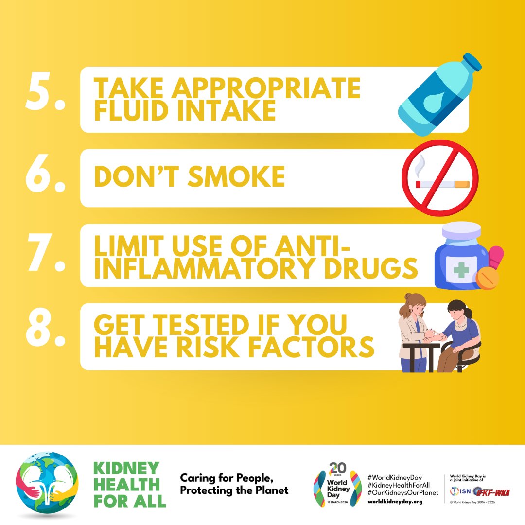 worldkidneyday's tweet photo. Kidney disease is often referred to as a “silent killer” because it can develop without noticeable symptoms, quietly impacting your health and quality of life. 

The good news? Simple, effective actions can significantly reduce your risk. Discover the #8GoldenRules to help protect your kidney health.

Download our flyer and share it with your community to help raise awareness: https://t.co/xL5cIkHAF1

#WorldKidneyDay #OurKidneysOurPlanet #KidneyHealthForAll