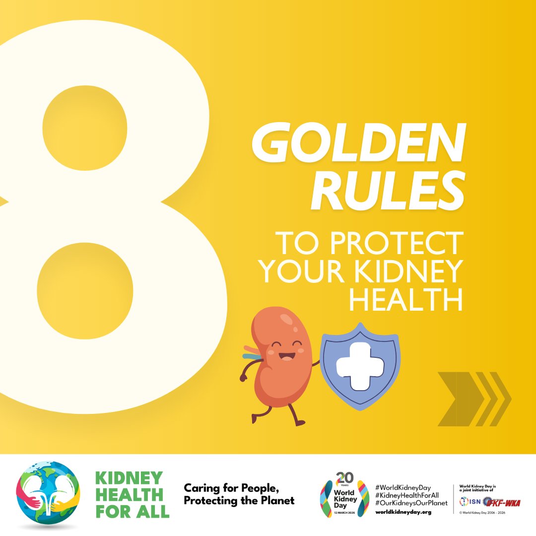 worldkidneyday's tweet photo. Kidney disease is often referred to as a “silent killer” because it can develop without noticeable symptoms, quietly impacting your health and quality of life. 

The good news? Simple, effective actions can significantly reduce your risk. Discover the #8GoldenRules to help protect your kidney health.

Download our flyer and share it with your community to help raise awareness: https://t.co/xL5cIkHAF1

#WorldKidneyDay #OurKidneysOurPlanet #KidneyHealthForAll
