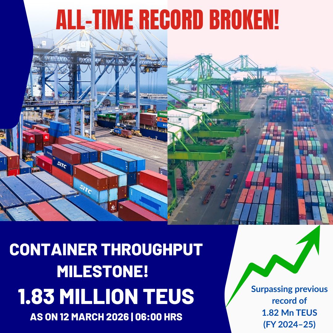 TnInvestment's tweet image. #Chennai Port handled 1.83 Million TEUs containers as on 12 March 2026, surpassing the previous highest-ever annual throughput of 1.82 Million TEUs recorded in FY 2024–25

- Recently #VOC Port in #Thoothukudi also surpassed Container traffic (TEU's) in the current year