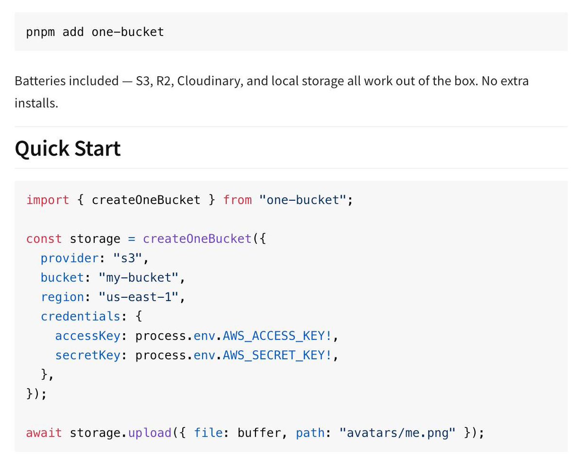 Built an SDK that lets you upload files to S3, R2, Cloudinary, or local disk with the same code. Switch providers by changing one word. Migrate everything between providers with one function call. No more juggling 4 different SDKs.

OneBucket — npm i one-bucket