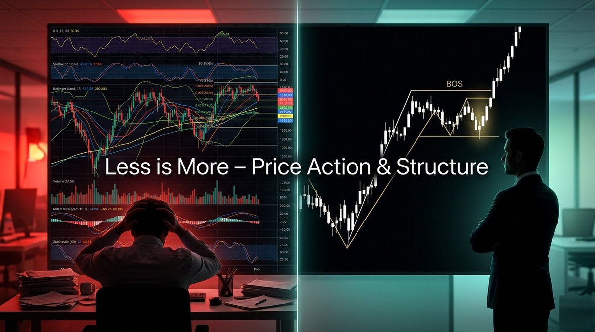 Gims_Dev's tweet photo. TECHNICAL ANALYSIS USING PRICE ACTION AND STRUCTURE 

Many traders struggle with technical analysis because they rely on too many indicators that give conflicting signals. A simpler and often more effective approach is price action trading, which focuses directly on price movement instead of indicators.

The framework works in three main steps:

1️⃣ IDENTIFY MARKET STRUCTURE 
Determine the overall market direction:

•Uptrend: Higher highs and higher lows (buyers in control).
•Downtrend: Lower lows and lower highs (sellers in control).
•Range: Price moves between support and resistance without a clear trend.
Understanding structure helps decide whether to follow the trend, trade within a range, or wait.

2️⃣ MARK KEY SUPPORT AND RESISTANCE LEVEL 

These are zones where price has previously reacted, showing where buyers or sellers tend to step in.
•Support: Areas where price previously bounced upward.
•Resistance: Areas where price was pushed downward.
These zones help traders plan entries, exits, and stop losses.

3️⃣ READ CANDLESTICK BEHAVIOR AT THOSE LEVELS 

Instead of many patterns, focus on three key signals:
•Engulfing Candle: Shows strong buying or selling momentum.
•Pin Bar (Rejection Wick): Indicates rejection of higher or lower prices.
•Inside Bar: Signals consolidation and potential breakout.

CORE IDEA 

Combine these three elements:
•Market structure
•Key levels
•Candle behavior

When all three align, a trading opportunity becomes clearer. If one element is missing, it’s usually better to wait.

KEY TAKEAWAY

Effective technical analysis doesn’t require many indicators. By focusing on structure, support/resistance, and candle reactions, traders can read market behavior more clearly and make more confident trading decisions.