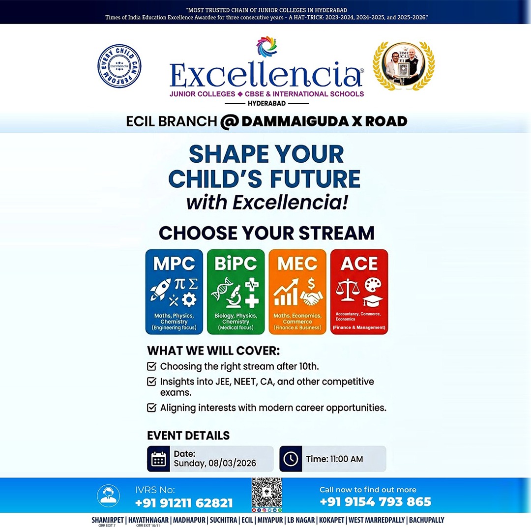 excellenciajr's tweet image. New Launch | #ExcellenciaECIL #Dammaiguda
Introducing #ACEGroup (Accountancy, Commerce &amp;amp; Economics) for Intermediate 2026–27 as per #TGBIE guidelines.
Expert faculty, curated curriculum &amp;amp; pathways to #CA #CS #CMA #BBA.
#AdmissionsOpenNow 📞 9154793865
#ExcellenciaJuniorColleges