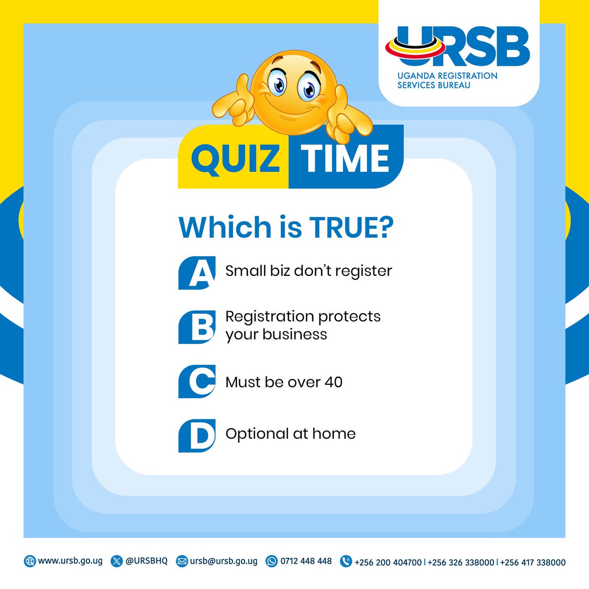 URSBHQ's tweet photo. Which of these statements about business registration is TRUE?
 
Drop your answer in the comments 👇 and see if you’re ready to take your business to the next level! Tomenya wire and think of cheating.. 
 
#KnowledgeProtection
#IndigenousInnovation
#URSB https://t.co/6vpSyw2IBL