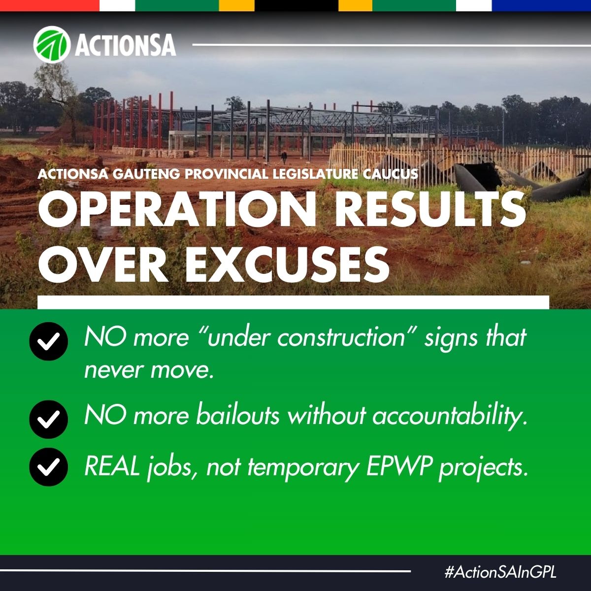 EvelynMondlana's tweet photo. @ActionSA_GP calls for the immediate implementation of Operation Results Over Excuses to end delays, stop wasteful spending, and restore real service delivery in Gauteng. Complete stalled projects, enforce accountability, and prioritise sustainable job creation.
#ActionSAInGPL