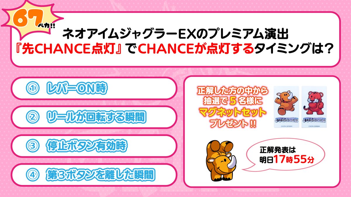 jugoff777's tweet photo. 3月のジャグラークイズ📝
今回の問題はコチラ🌈

正解者の中から抽選で5名様に
公式ジャグラーグッズをプレゼント🎁
今回はマグネットセット✨

解答発表は明日17時55分⌛

✅参加方法 
①@jugoff777をフォロー&amp;この投稿をリポスト
②答えを返信にポスト

#ジャグラー  #ジャグオフ https://t.co/8M4pGyzpH3