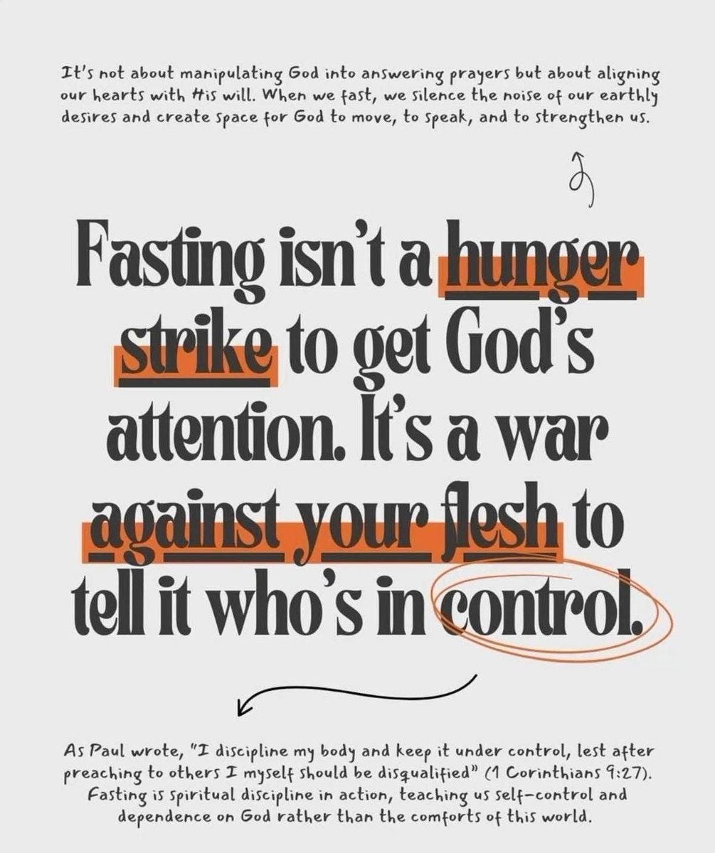 Fasting isn’t a hunger strike to get God’s attention.
It’s a battle to bring your flesh under control and align with His will. ✝️AMEN.