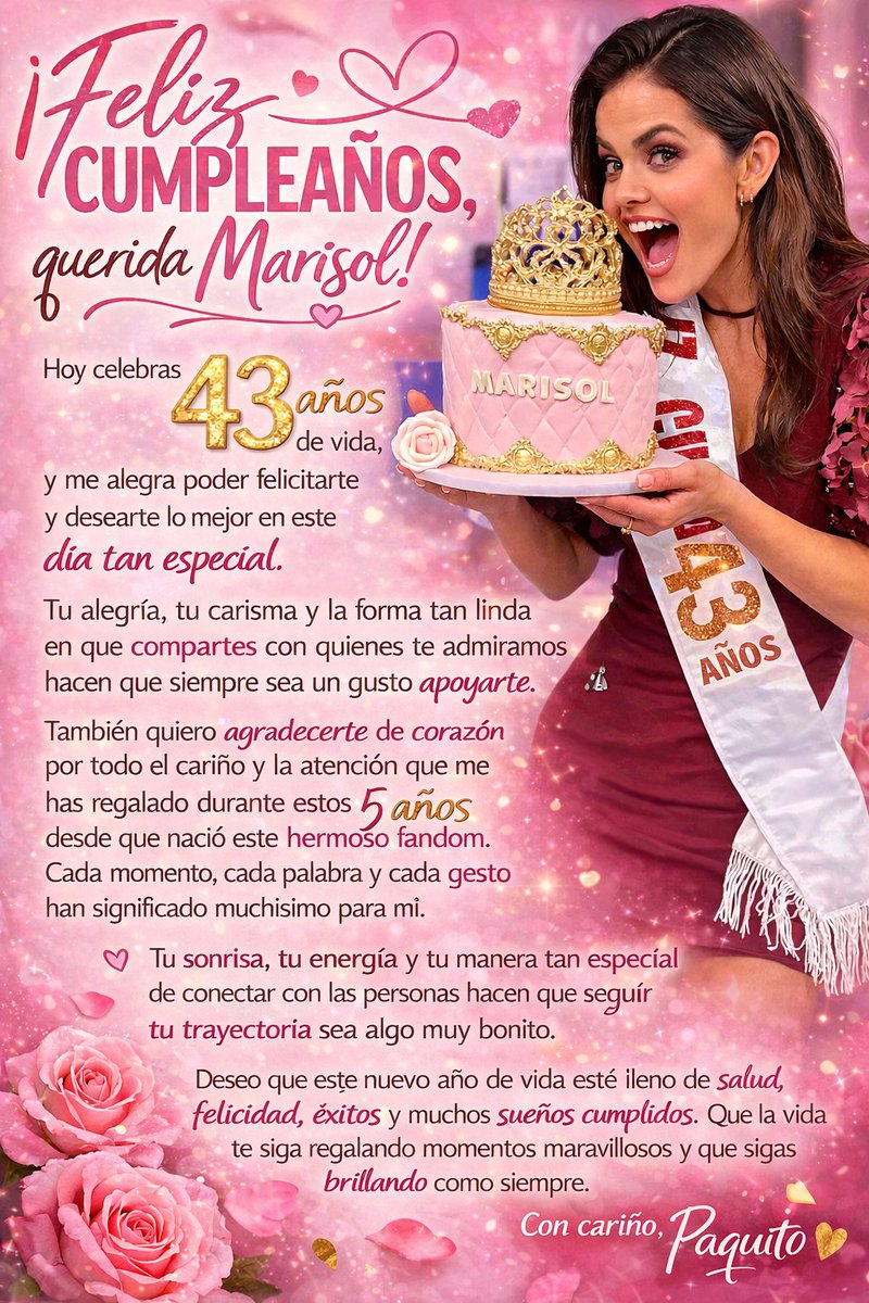 marisolglzzmx's tweet photo. Feliz cumpleaños, querida 
@marisolglzz 🎂

Hoy celebras 43 años de vida, y quiero aprovechar este día tan especial para felicitarte y desearte lo mejor. Tu alegría, tu carisma y la forma tan linda en que compartes con quienes te admiramos hacen que siempre sea un gusto apoyarte. https://t.co/xRg1X2KZtu