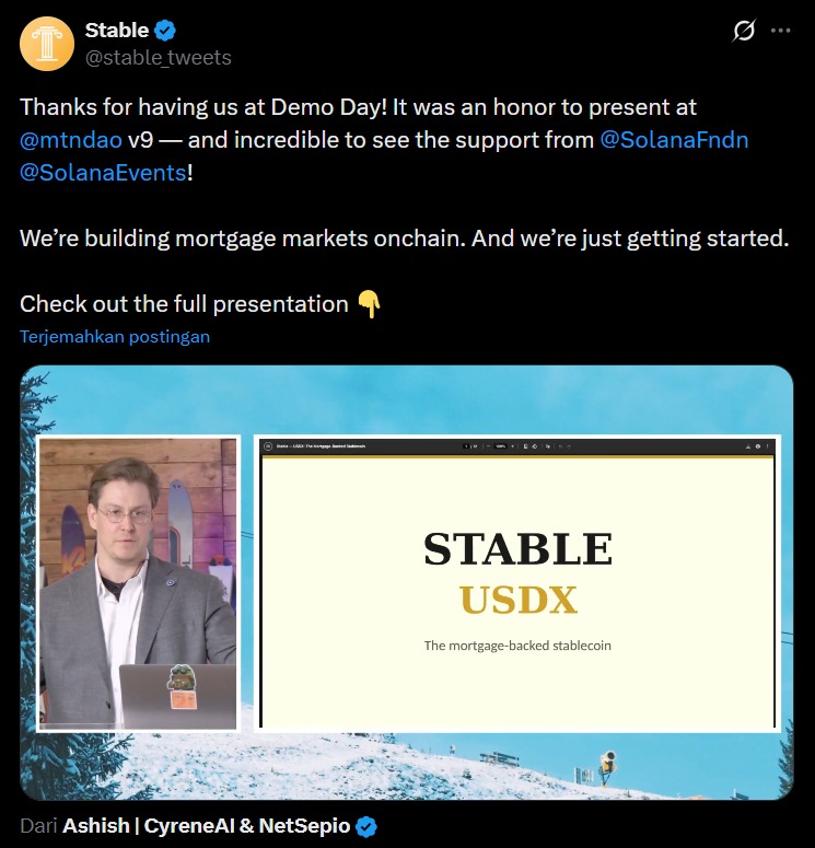 DeDiaryofCEO's tweet photo. [3/9]

Enter: @stable_tweets 🤝

Stable is building the full pipeline to bring US mortgages onchain — from loan origination to tokenized delivery.

Presented at @mtndao v9, backed by @SolanaFndn.

Competing in @pumpdotfun Hackathon. Live. Right now. 🔨 https://t.co/v1DpMgfOoK