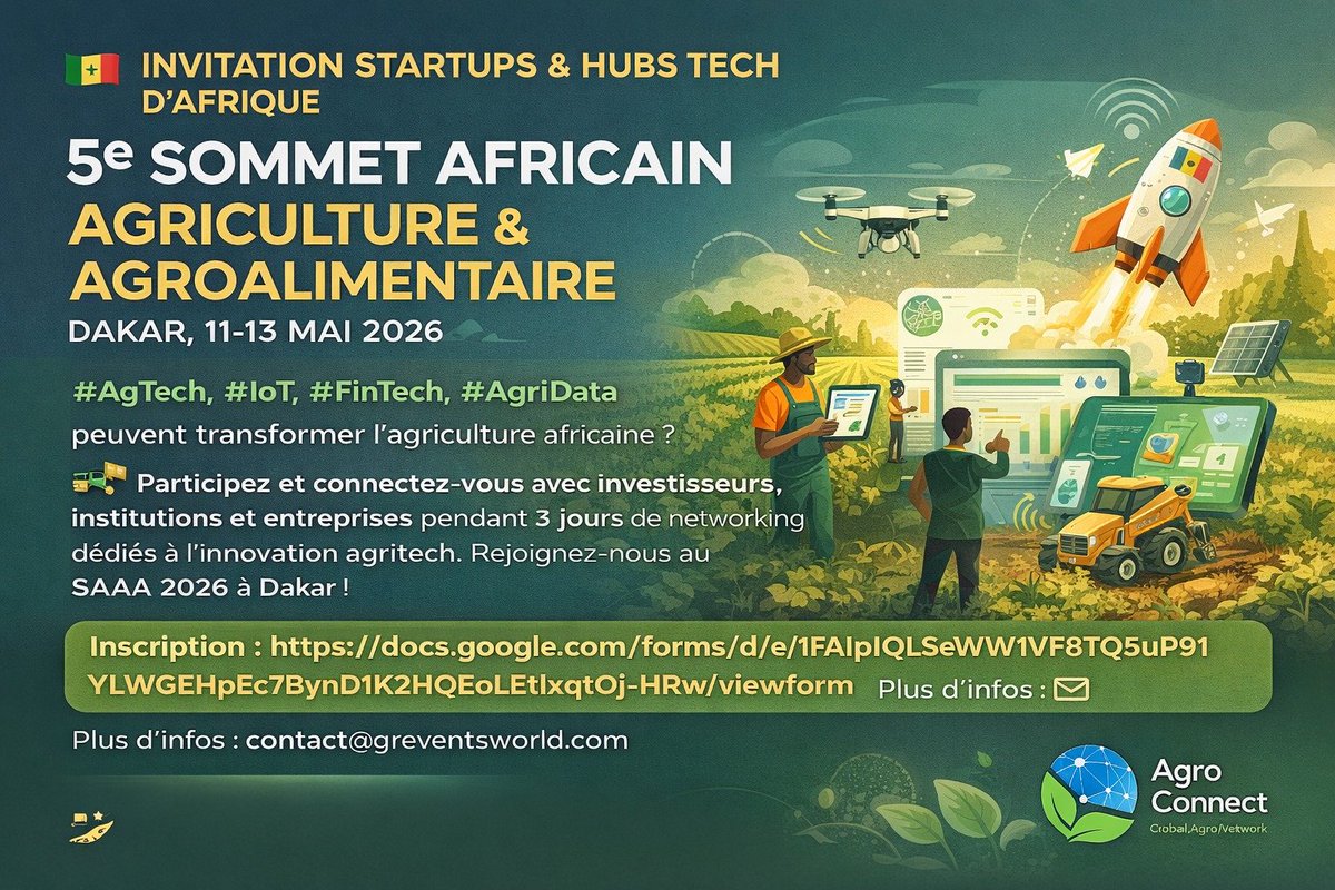 bejaiainvest's tweet photo. Startups & Hubs Tech d’Afrique !
Comment #AgTech #IoT #AgriData #FinTech peuvent transformer l’agriculture africaine ?
5e Sommet Africain Agriculture & Agroalimentaire
11–13 mai 2026 Dakar 🇸🇳
3 jours de rencontres avec investisseurs, institutions et entreprises internationales.
Inscription : https://t.co/vP6uyKcIZd
#AfricaTech #AgriTechAfrica #StartupAfrica #InnovationAfrica