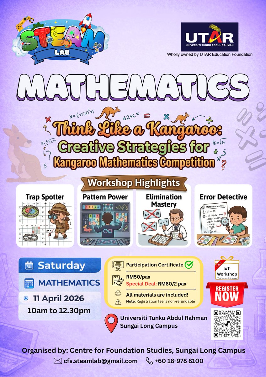 UTARnet's tweet image. 🚀 UTAR STEAM Lab: Kids Workshops (Aged 7~12) 🧪📐

Turn "I'm bored" into "Aha!" at UTAR Sungai Long campus — brought to you by UTAR Centre for Foundation Studies-SL.

#UTAR #UTARSteamLab #KidsWorkshop #ScienceIsFun #STEAMEducation #STEMforKids #Chemistry #Mathematics