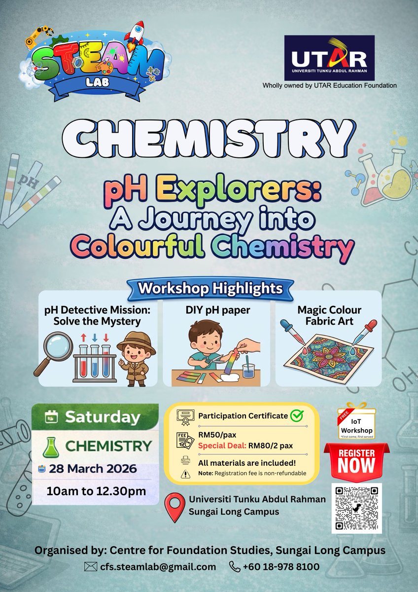 UTARnet's tweet image. 🚀 UTAR STEAM Lab: Kids Workshops (Aged 7~12) 🧪📐

Turn "I'm bored" into "Aha!" at UTAR Sungai Long campus — brought to you by UTAR Centre for Foundation Studies-SL.

#UTAR #UTARSteamLab #KidsWorkshop #ScienceIsFun #STEAMEducation #STEMforKids #Chemistry #Mathematics