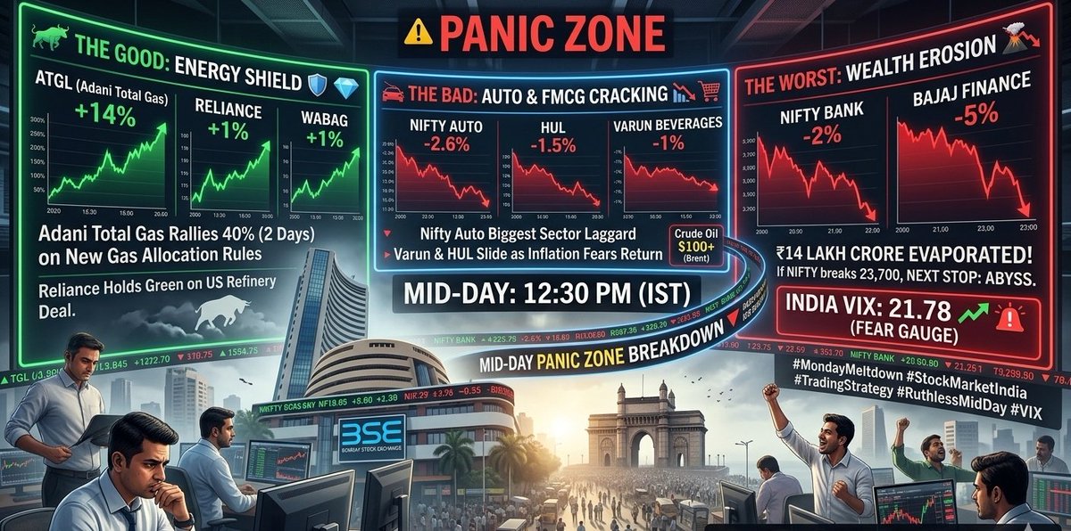 yadav_ridhaan's tweet image. Market is in a #PanicZone today as crude crosses $100. Nifty crashed 300 pts morning, now trying to hold 23,800. VIX is screaming at 21.8. 🌋🚨

Here is the #Ruthless mid-day breakdown of the Good, Bad, and Worst! 🧵👇