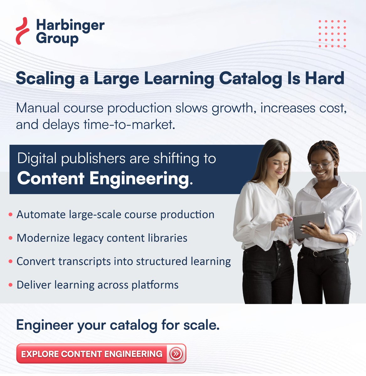 Harbinger_Grp's tweet photo. #ContentEngineering
Content production has long powered digital publishing—but scaling and maintaining large catalogs requires a more strategic approach.
That’s where Content Engineering comes in.
Curious about the shift?
Read Blog: https://t.co/HyZeEPSyjR https://t.co/mCYp1E7UeG