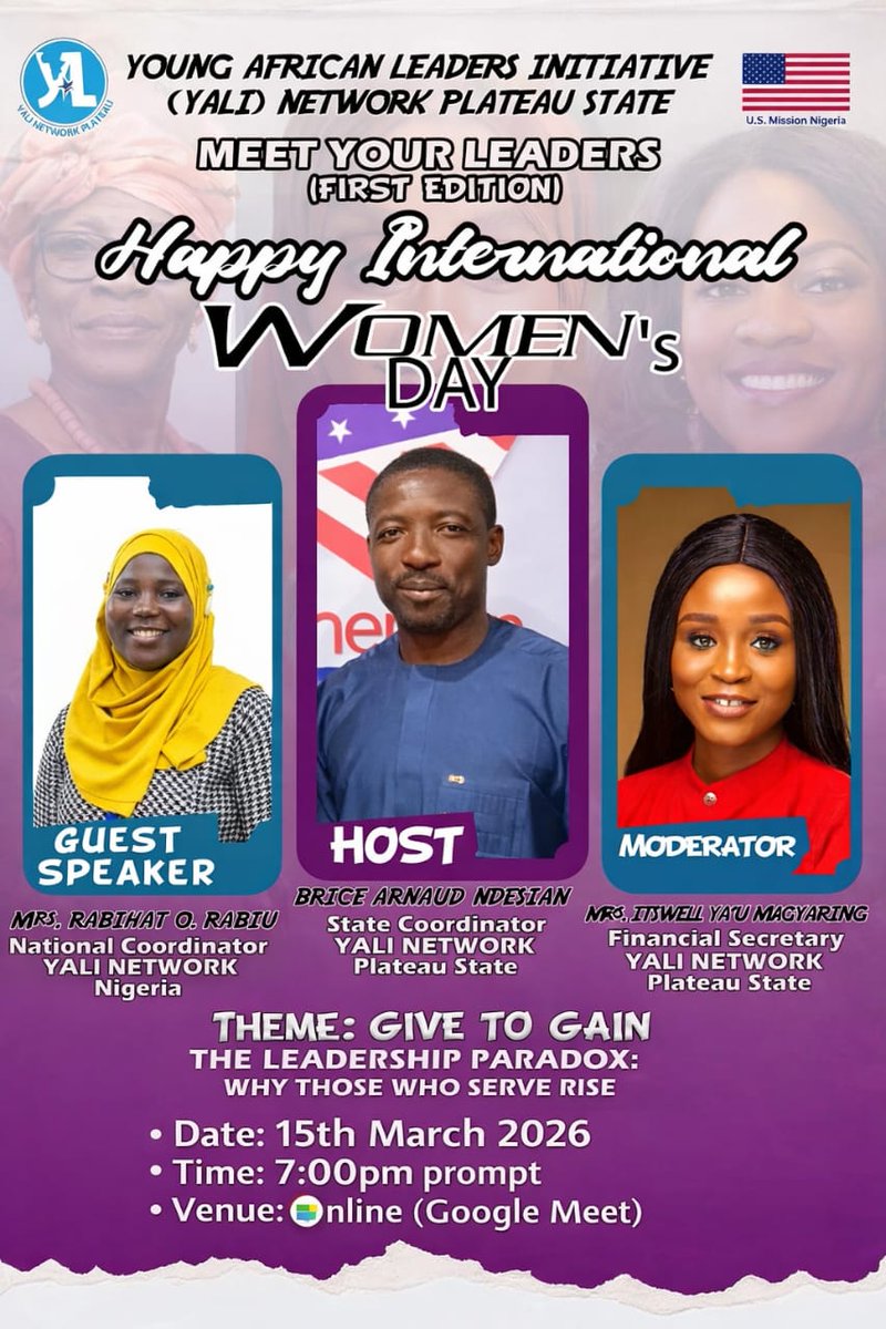 YaliPlateauHub's tweet photo. Join us for an International Women’s Day virtual conversation on leadership and service.

Theme: Give to Gain – The Leadership Paradox: Why Those Who Serve Rise.

More details on the flier. https://t.co/KB92jtgWnX