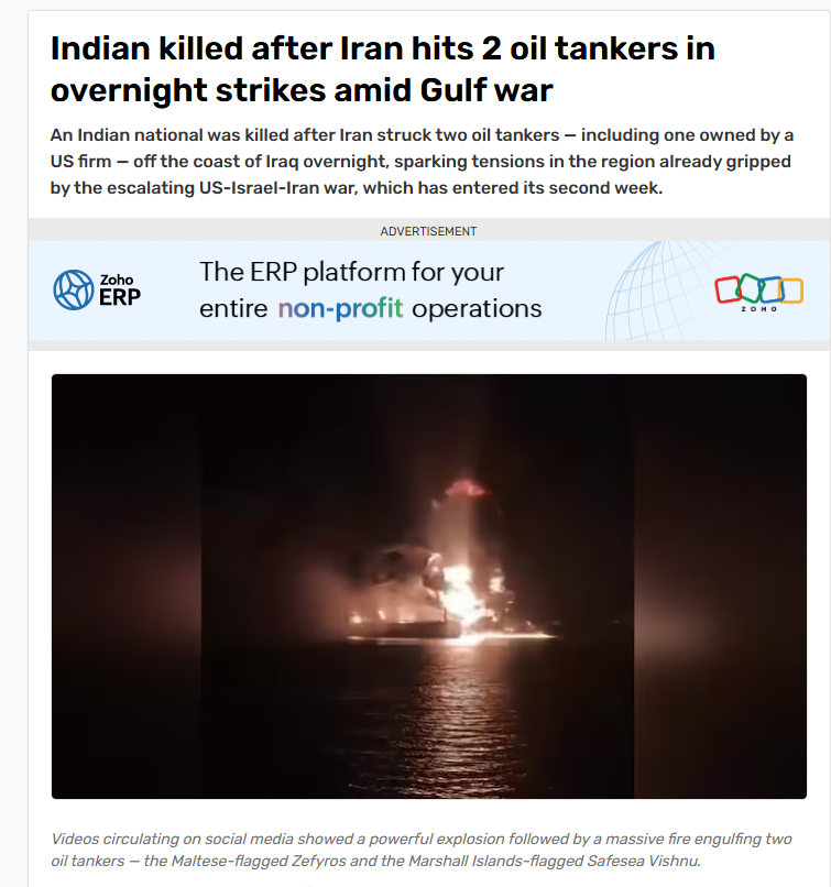 Indian killed after Iran hits 2 oil tankers in overnight strikes amid Gulf war