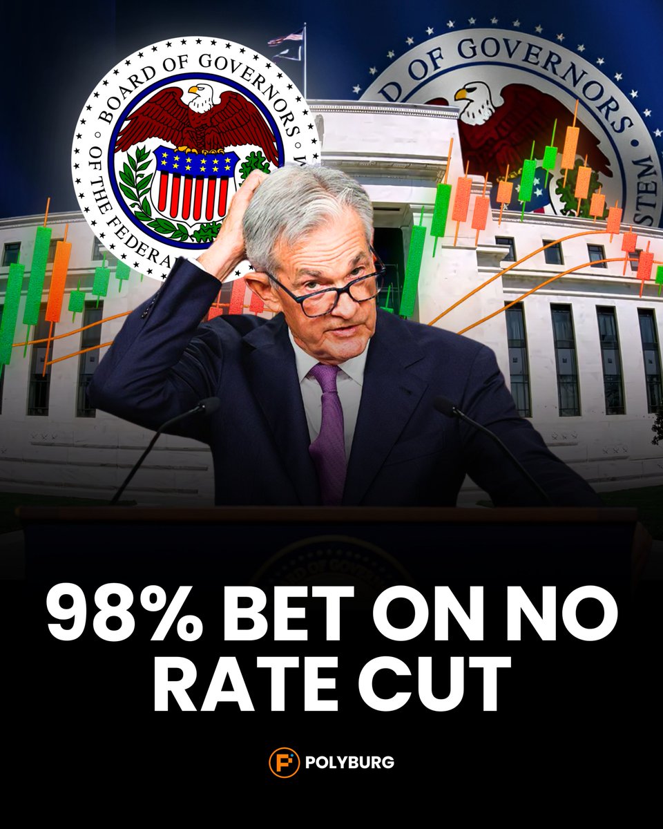 polyburg's tweet photo. 🚨 FED MARCH MADNESS: 98% Bet on No Rate Cut

Markets are screaming 'hold steady' with 98% odds (Yes at 99¢) for the Fed to maintain rates at the March 18 FOMC meeting – despite hot debates on 2.4% inflation, plunging payrolls, and whispers of data manipulation. https://t.co/0i2zOOIBYJ