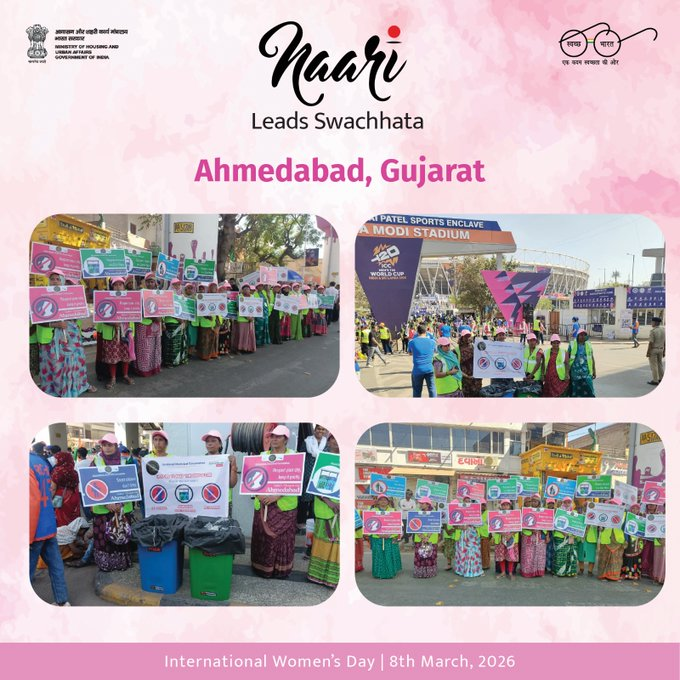 PIB_India's tweet photo. On #InternationalWomensDay, women stepped forward to lead the charge for cleanliness and sustainability through the Naari Leads Swachhata initiative under the Swachh Bharat Mission – Urban 2.0. Women from diverse communities led awareness drives, cleanliness activities, and community engagement, showing how empowered women can spark lasting change

Read here: https://t.co/1X3LXESigB