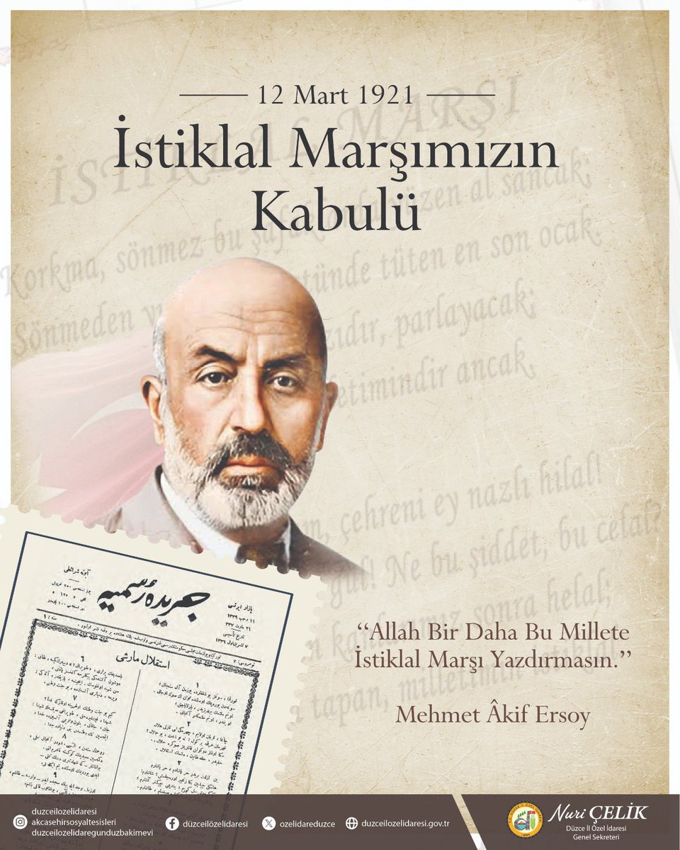 "Korkma, sönmez bu şafaklarda yüzen al sancak!" 🇹🇷

Bağımsızlığımızın sembolü, milli ruhumuzun sesi İstiklal Marşı’mızın kabulünün 105. yıl dönümünde; başta Gazi Mustafa Kemal Atatürk olmak üzere, milli şairimiz Mehmet Âkif Ersoy’u ve tüm kahraman ecdadımızı rahmet ve minnetle
