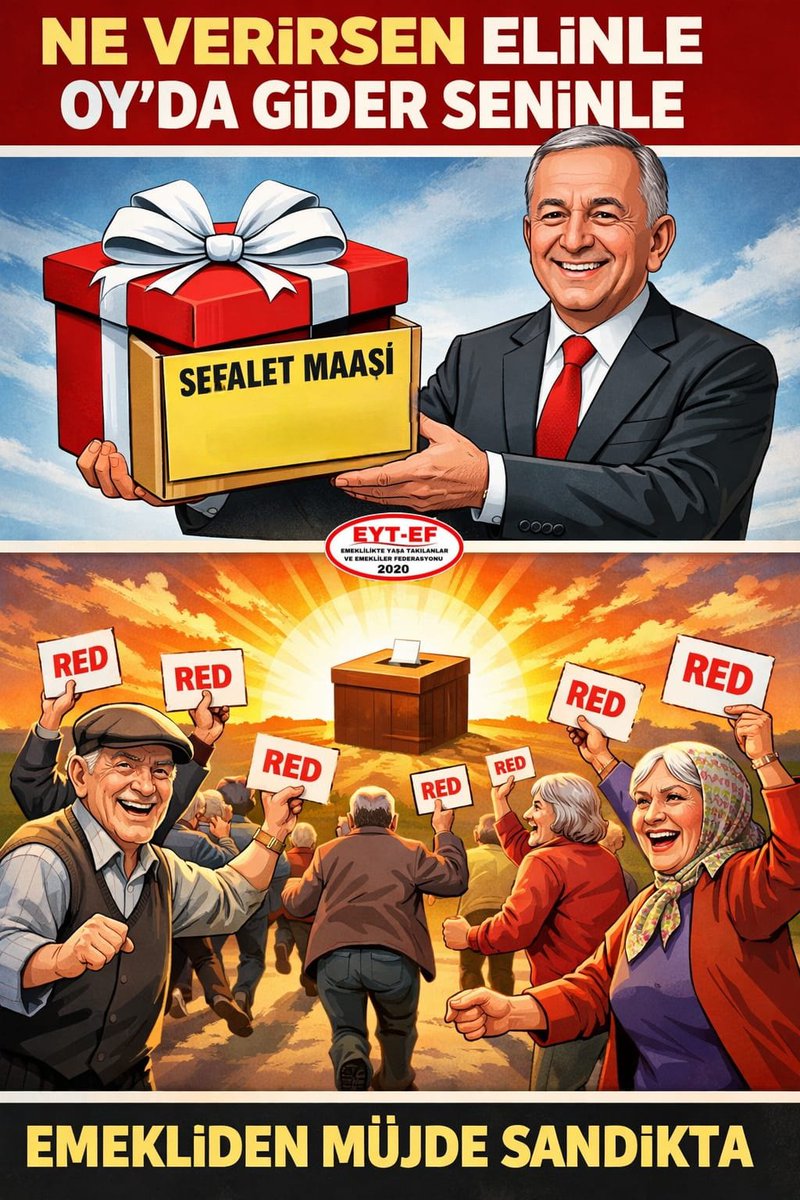 EMEKLİ
👇
#EmeklidenMüjdeSandıkta

“Emeklilere müjde” dediler.
Maaş tarihini öne çektiler.

Bugün kürsülerden dağıtılan sözde müjdelerin,
Gerçek karşılığı sandıkta yazılacaktır !

#Emekli ler kendi müjdesini
oyuyla verecektir !

#5000KısmidenMüjdeSandıkta
<a href="/RTErdogan/">Recep Tayyip Erdoğan</a>
<a href="/isikhanvedat/">Prof. Dr. Vedat Işıkhan</a>