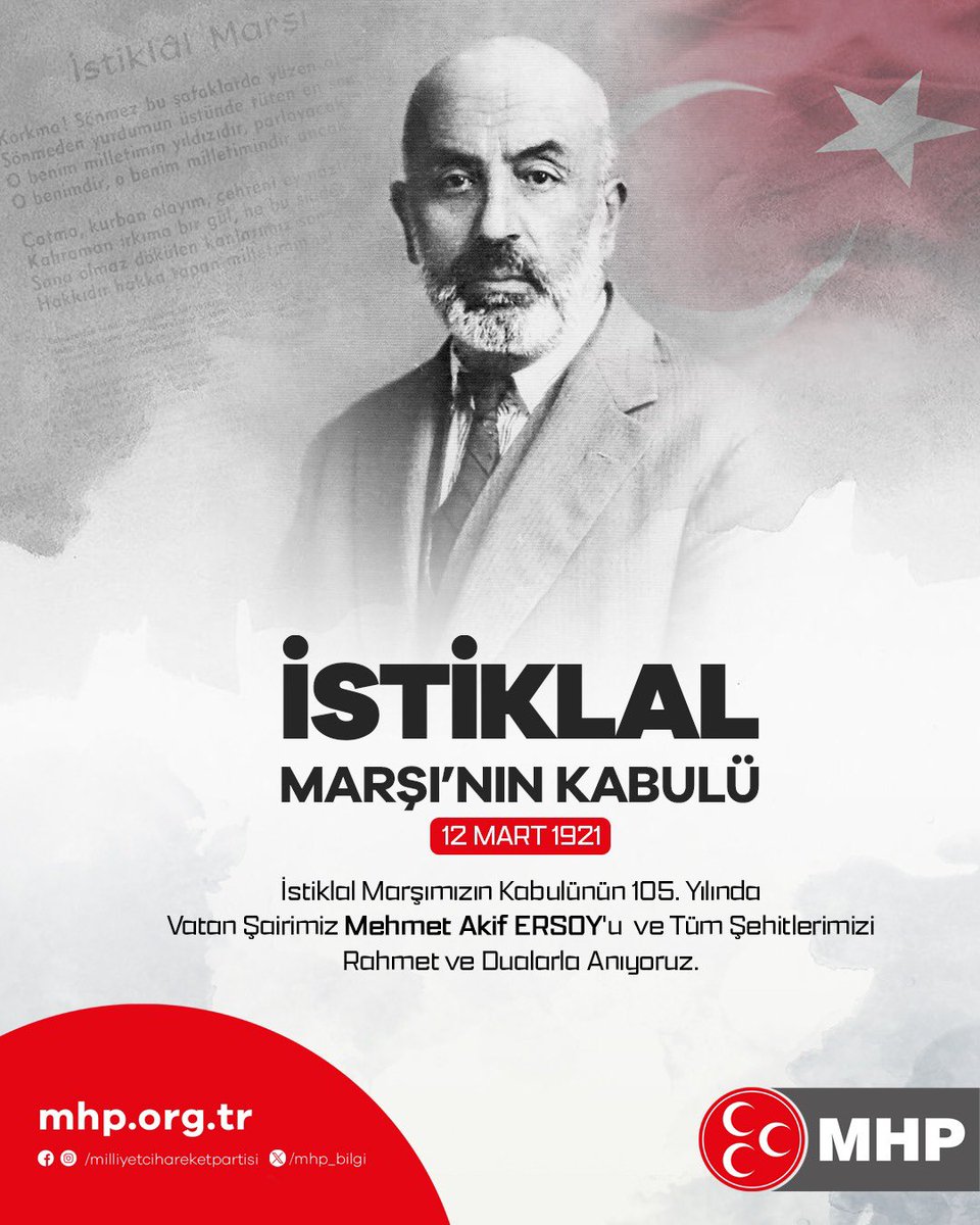 İstiklal Marşımızın kabulünün 105. yılında vatan şairimiz #MehmetAkifERSOY'u ve tüm şehitlerimizi rahmet ve dualarla anıyoruz.