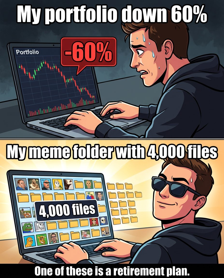 My portfolio is down 60%. 
My #meme folder has 4,000 files.

One of these is a retirement plan.

Guess which one.
#2U2ai #degen