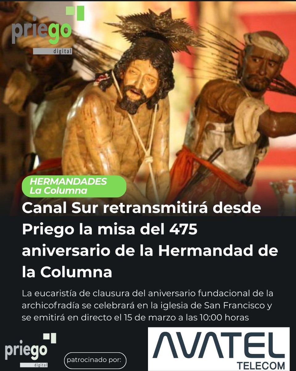 Canal Sur retransmitirá desde Priego la misa del 475 aniversario de la Hermandad de la Columna
👉priegodigital.es/noticia/15805-…

#semanasanta #hermandades #columnapriego #noticiasdepriego #priegodecordoba