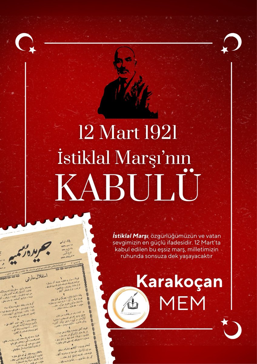 Milli şairimiz Mehmet Akif Ersoy’un kaleme aldığı İstiklal Marşı’nın Türkiye Büyük Millet Meclisi tarafından kabul edilişinin 105. yılı kutlu olsun. Bu eşsiz eser, milletimizin bağımsızlık ruhunu ve vatan sevgisini nesilden nesile taşımaya devam ediyor. 🇹🇷
#12Mart #İstiklalMarşı