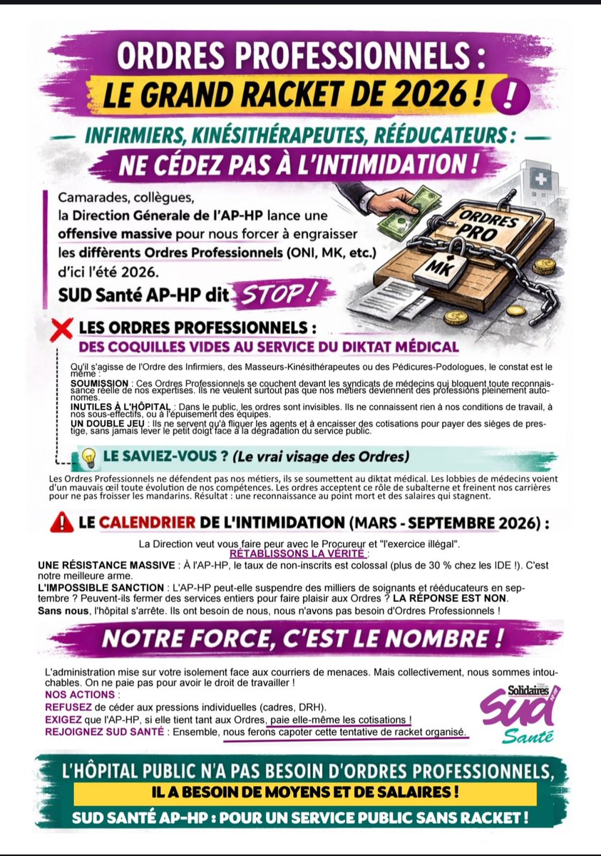 Sudsante_APHP's tweet photo. L’hôpital public a besoin de moyens et de salaires, pas d’Ordres professionnels qui rackettent les soignants. #HopitalPublic #Soignants https://t.co/UhmhAVU4h2
