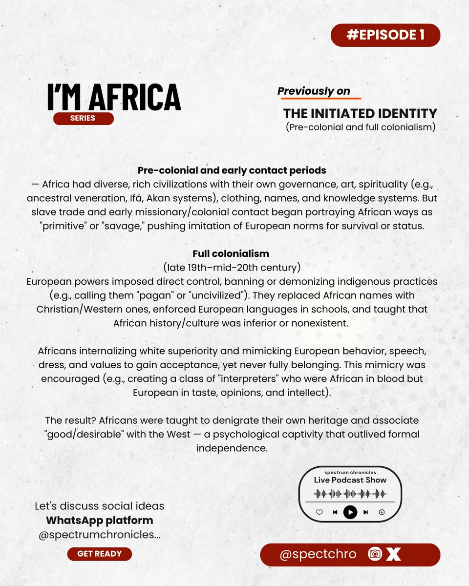 Spectchro's tweet photo. The profound disconnection many Africans feel from their indigenous roots, values, languages, spiritual systems, communal ways of life, and self-perception. • This has been described by scholars, writers, and thinkers as a form of cultural alienation, mental colonization, https://t.co/zxohukEvSU