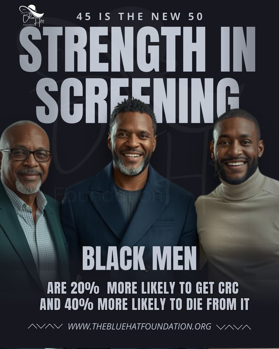 BlueHats4colons's tweet photo. STRENGTH IN SCREENING.

Black men are 20% more likely to be diagnosed with colon cancer and 40% more likely to die from it. But there is power in prevention: colon cancer is up to 90% preventable when caught early.

Don’t wait for symptoms. If you're 45 or older? Get Screened! https://t.co/AHS6u5dSjf