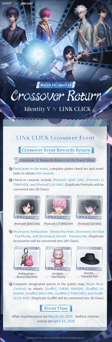 GameIdentityV's tweet photo. Dear Visitors
The Identity V × LINK CLICK Crossover announcement is here!
On March 19, alongside the Return of the Crossover Ⅰ&Ⅱ content, participate in the event to get exclusive rewards like the limited [Portrait Frame] Time Picture Frame, limited [Graffiti] Time Photo Studio!
#IdentityV #LINKCLICK