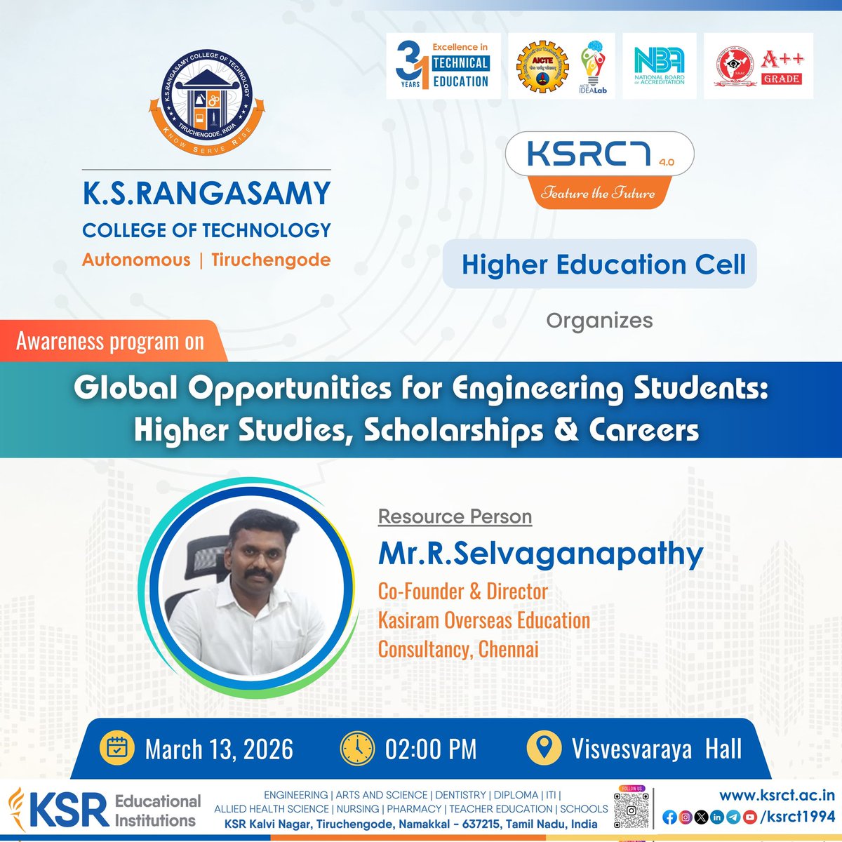 ksrct1994's tweet photo. Awareness Program on “Global Opportunities for Engineering Students: Higher Studies, Scholarships & Careers” on March 13, 2026, at 2:00 PM in Visvesvaraya Hall, EEE Block.
#ksrct1994 #ksr #ksrei #HigherEducationCell #StudyAbroad #GlobalOpportunities #EngineeringStudents https://t.co/jLKbreqkId