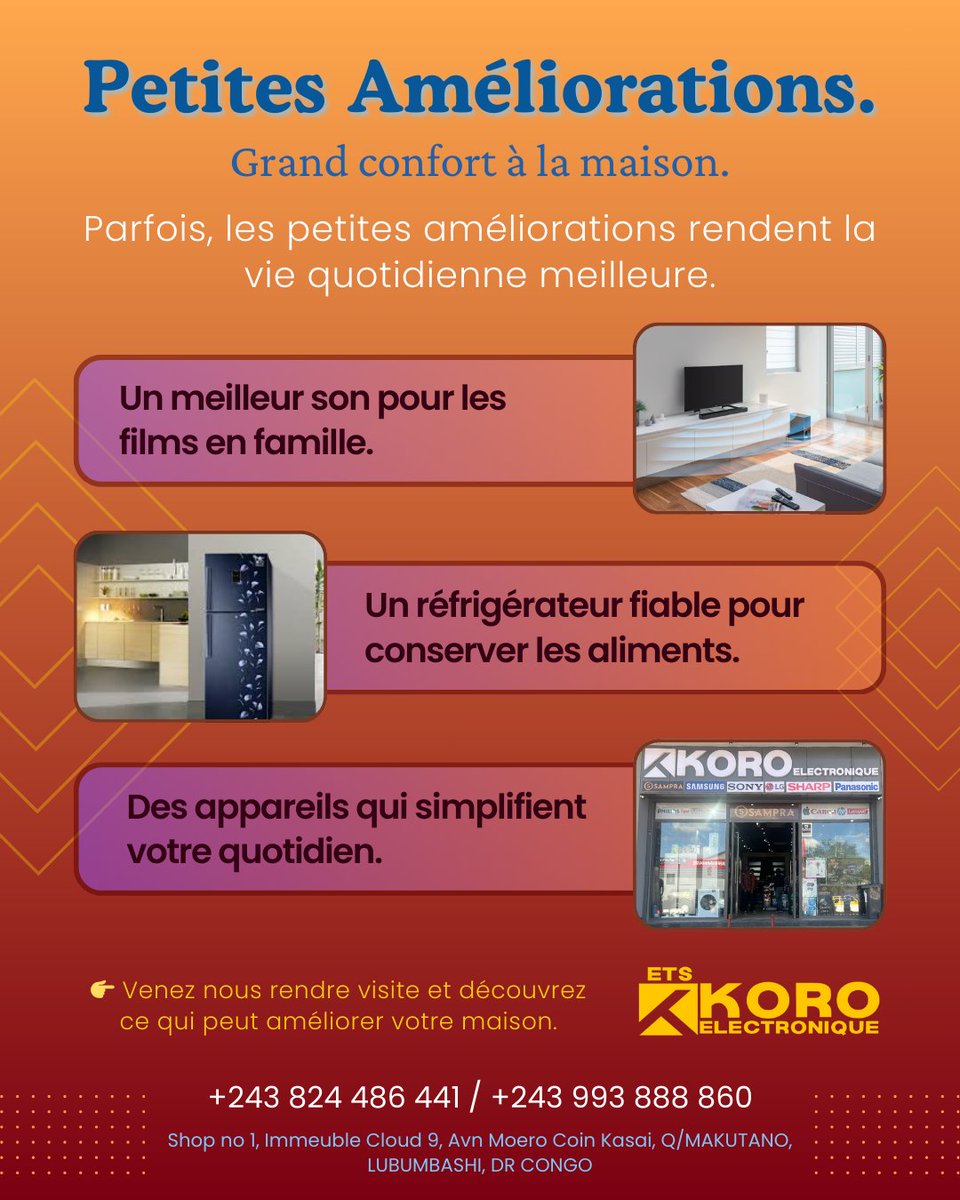 EtsKoro's tweet photo. Parfois, les petites améliorations rendent la vie quotidienne meilleure.

Chez Koro Électronique, le confort commence à la maison.

#KoroElectronique
#Lubumbashi #DRCongo #ElectronicsStore #HomeComfort #MaisonModerne #ShopLocalCongo #CongoShopping https://t.co/s2k1IgFC9l