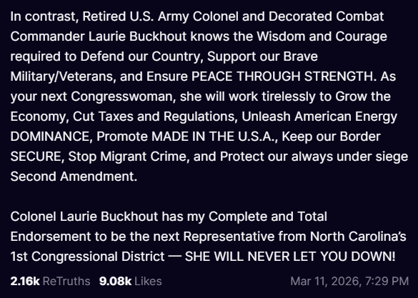 APDillon_'s tweet image. President Trump has endorsed Laurie Buckhout for the #NC01 Congressional race against Rep. Don Davis.
#ncpol