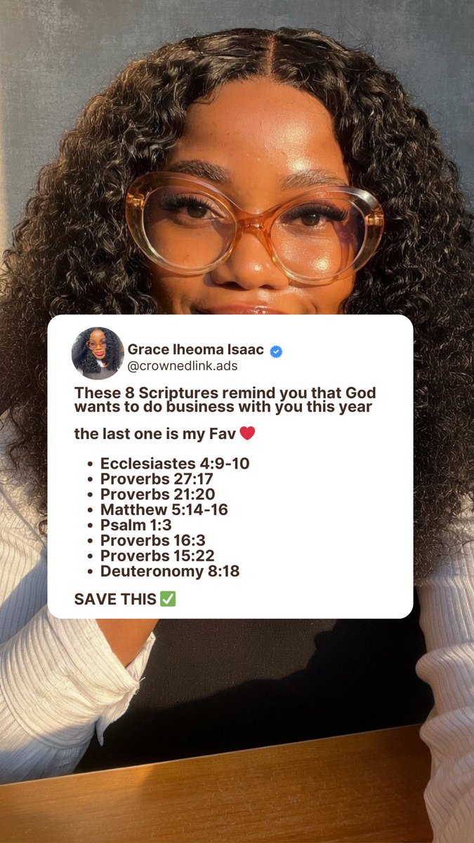 Crownedlink's tweet photo. 8 scriptures that remind you God wants to do business with you this year. The last one is my favorite ❤️

Eccl 4:9–10
Prov 27:17
Prov 21:20
Matt 5:14–16
Ps 1:3
Prov 16:3
Prov 15:22
Deut 8:18

Soon customers will ask AI:
Who can help me get customers?

Will AI recommend your biz? https://t.co/tkTdZ1lTqc